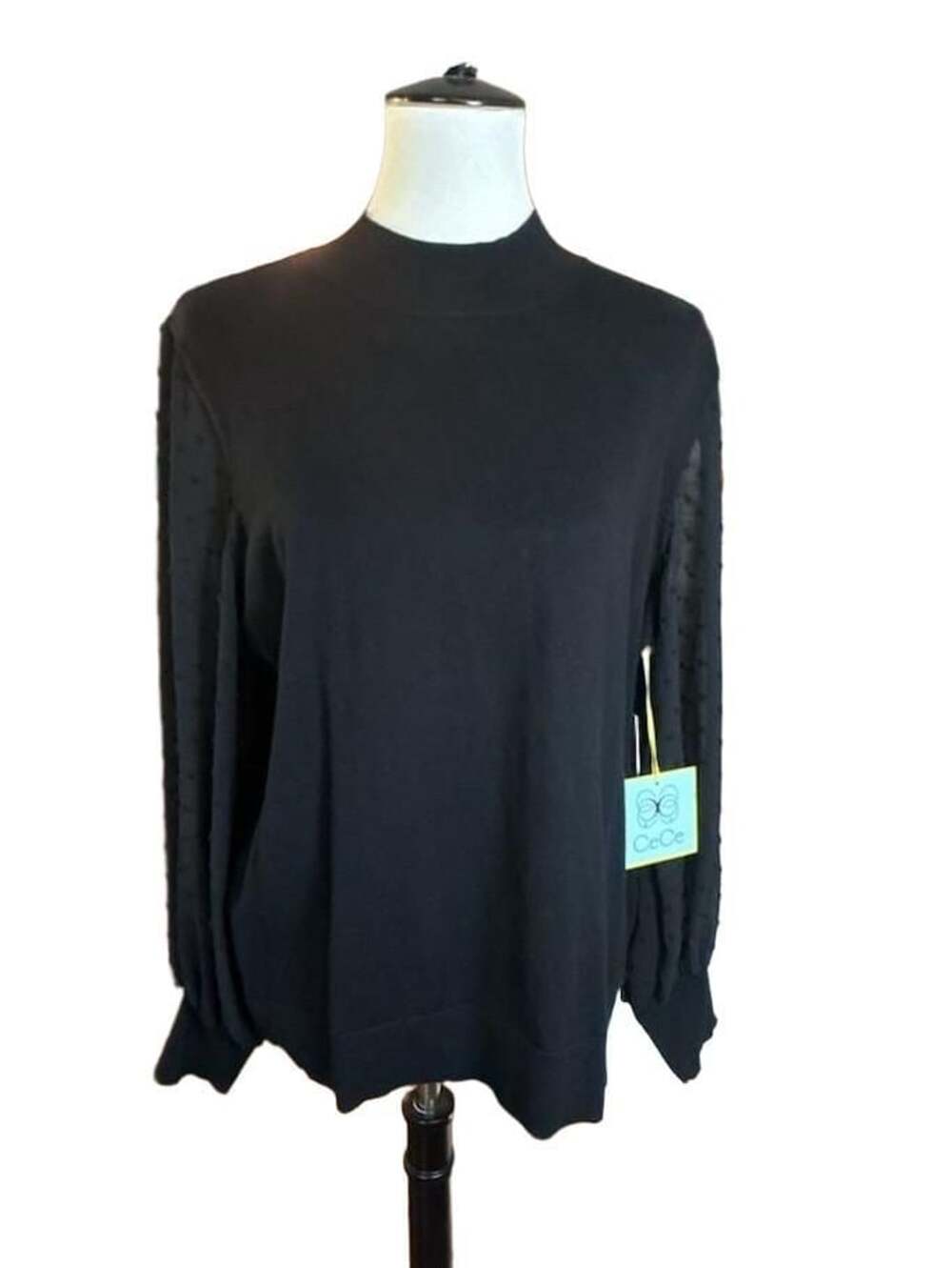 NWT CeCe Mock Neck Clip Dot Sheer Sleeve Sweater Size XL Rich Black